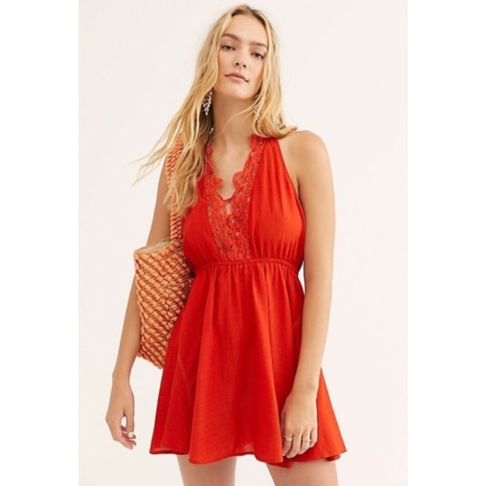 NWT Free People Lacy Red Orange Slip Dress